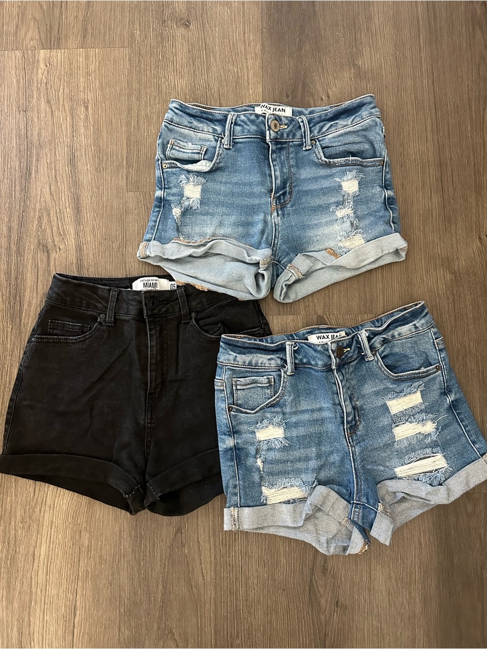 refuge Denim Distressed Cuffed Shorts Trio - Light Blue & Black